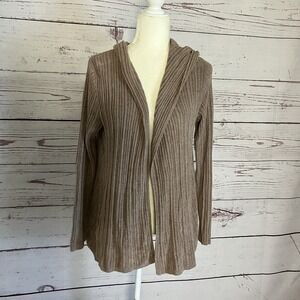 Barefoot Dreams CozyChic Ultra Lite Ribbed Hooded Cardigan Womens Sz M Taupe